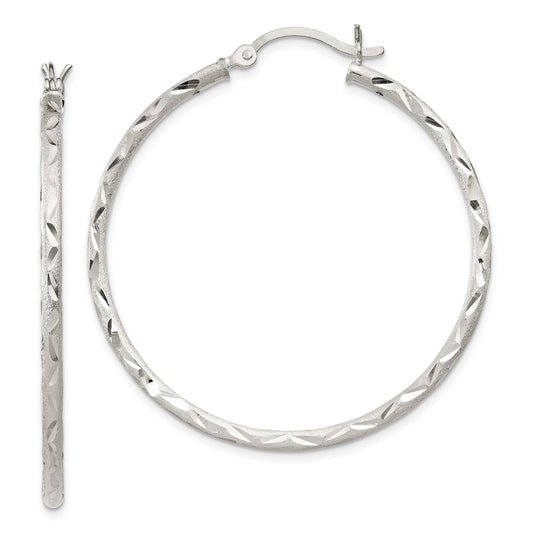 925 Sterling Silver Satin Finish Diamond-cut Hinged Hoop Earrings, 43mm x 43mm