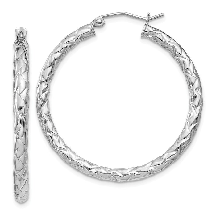 925 Sterling Silver Rhodium-plated Textured Hinged Hoop Earrings, 37mm x 37mm