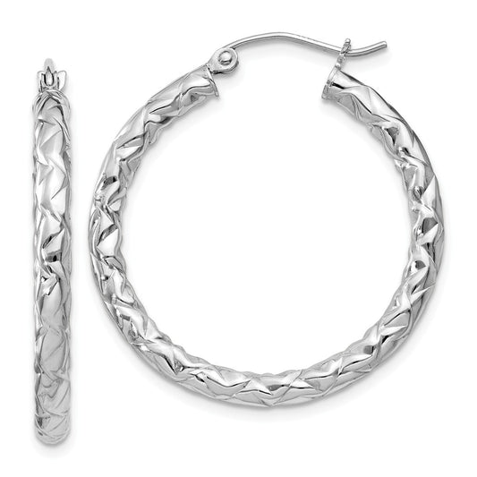 925 Sterling Silver Rhodium-plated Textured Hinged Hoop Earrings, 31mm x 3mm