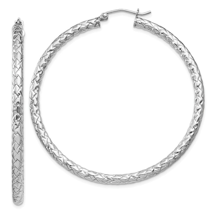 925 Sterling Silver Rhodium-plated Textured Hinged Hoop Earrings, 53mm x 53mm