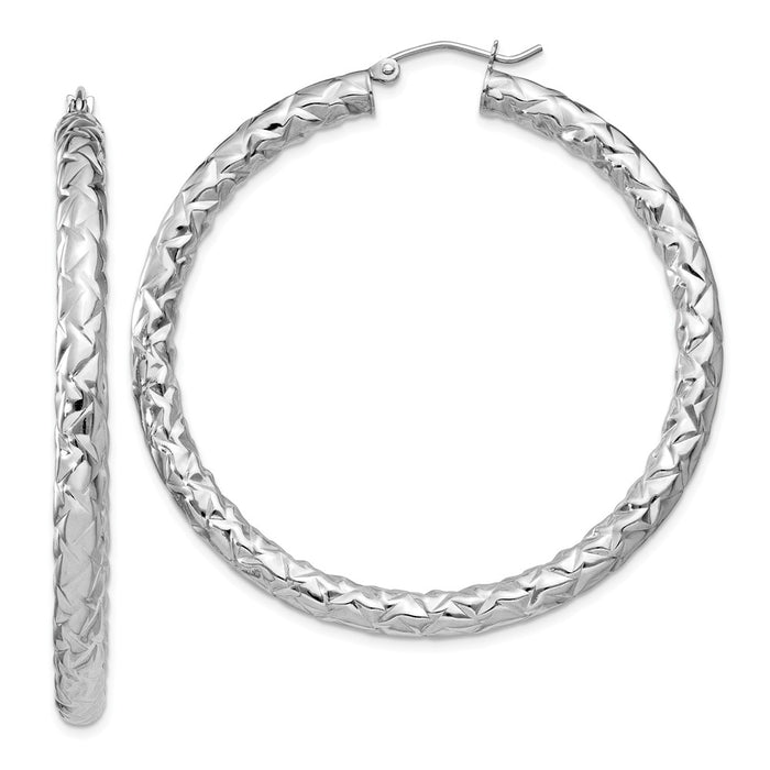 925 Sterling Silver Rhodium-plated Textured Hinged Hoop Earrings, 53mm x 4mm