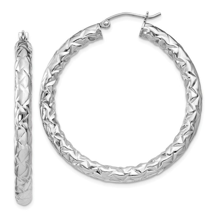 925 Sterling Silver Rhodium-plated Textured Hinged Hoop Earrings, 41mm x 41mm