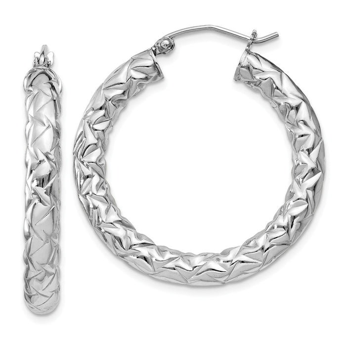 925 Sterling Silver Rhodium-plated Textured Hinged Hoop Earrings, 32mm x 32mm
