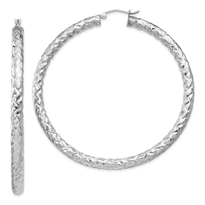 925 Sterling Silver Rhodium-plated Textured Hinged Hoop Earrings, 64mm x 64mm