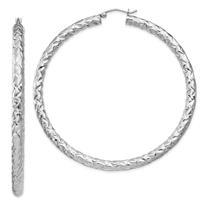 925 Sterling Silver Rhodium-plated Textured Hinged Hoop Earrings, 67mm x 4mm