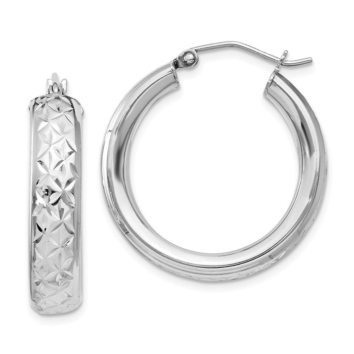 925 Sterling Silver Rhodium-plated Diamond-cut Hinged Hoop Earrings, 26mm x 26mm
