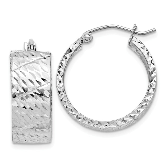925 Sterling Silver Rhodium-plated Diamond-cut Hinged Hoop Earrings, 22mm x 22mm
