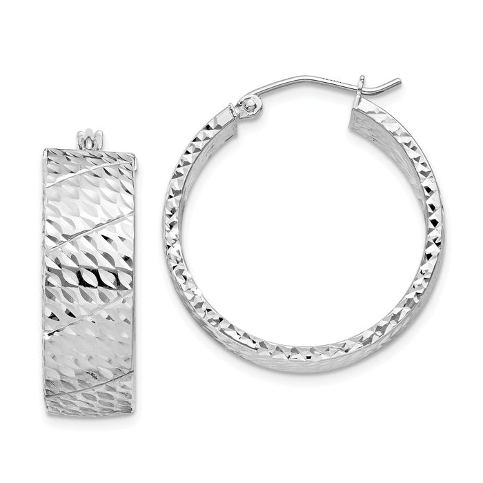 925 Sterling Silver Rhodium-plated Diamond-cut Hinged Hoop Earrings, 27mm x 27mm
