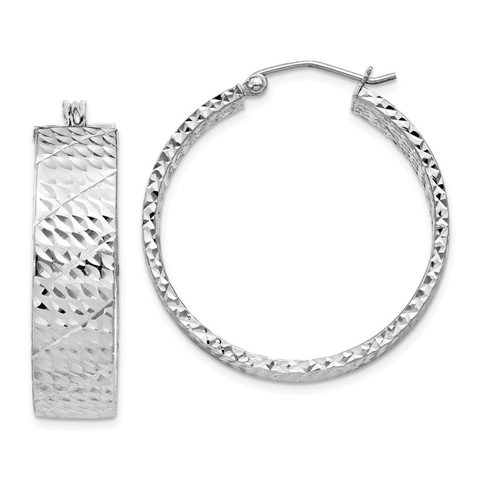 925 Sterling Silver Rhodium-plated Diamond-cut Hinged Hoop Earrings, 31mm x 31mm