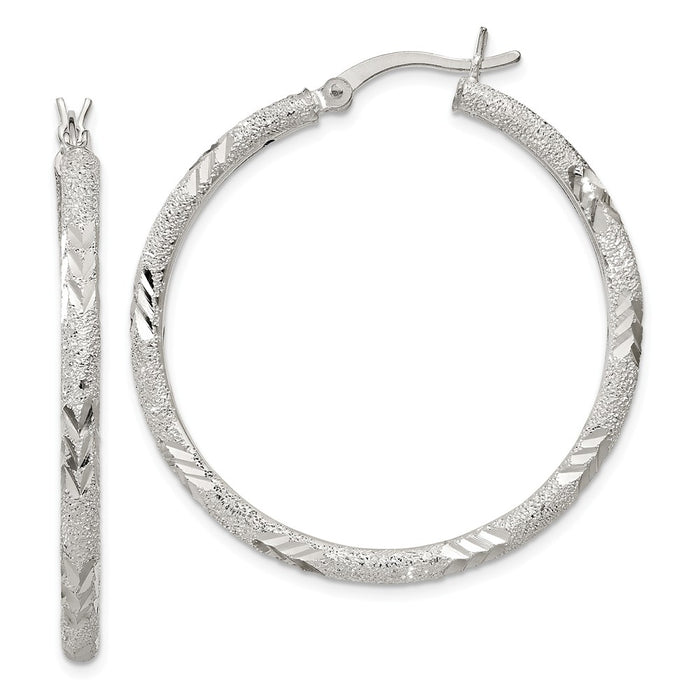 925 Sterling Silver Polished Diamond-cut Laser-cut Hinged Hoop Earrings, 41mm x 2.5mm