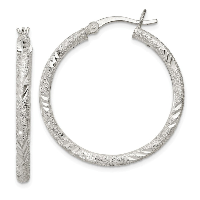 925 Sterling Silver Polished Diamond-cut Laser-cut Hinged Hoop Earrings, 32mm x 32mm