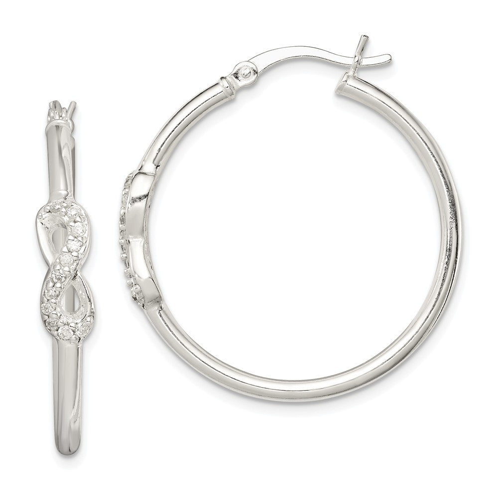 925 Sterling Silver Polished Cubic Zirconia ( CZ ) Infinity Symbol Hinged Hoop Earrings, 34mm x 33mm