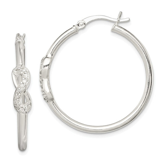 925 Sterling Silver Polished Cubic Zirconia ( CZ ) Infinity Symbol Hinged Hoop Earrings, 34mm x 33mm