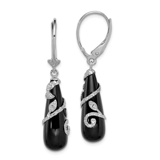925 Sterling Silver Rhodium-plated Diamond-Cut Onyx Teardrop Leverback Earrings, 44mm x 10mm