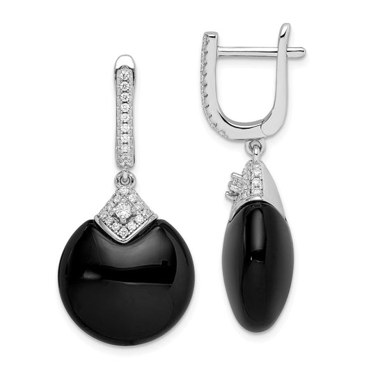 925 Sterling Silver Rhodium-plated Cubic Zirconia ( CZ ) & Onyx Hinged Hoop Earrings, 40mm x 18mm