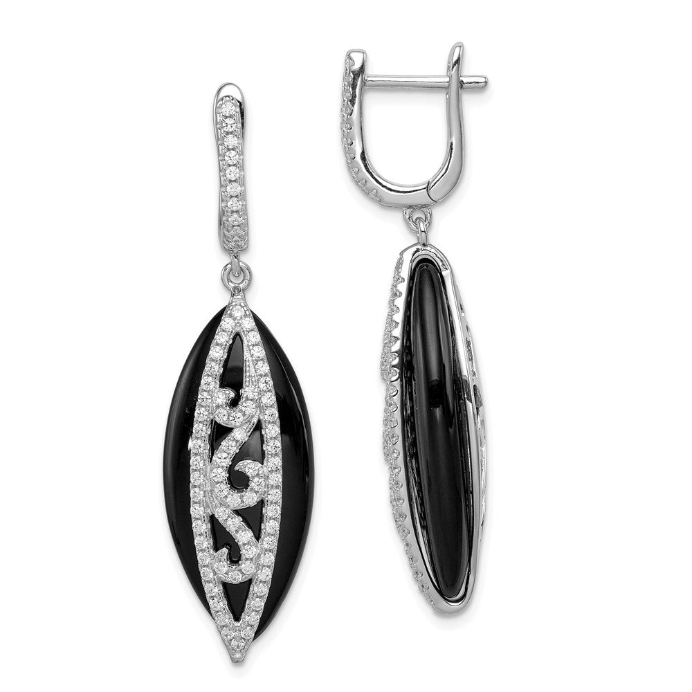 925 Sterling Silver Rhodium-plated Cubic Zirconia ( CZ ) & Onyx Hinged Hoop Earrings, 50mm x 16mm