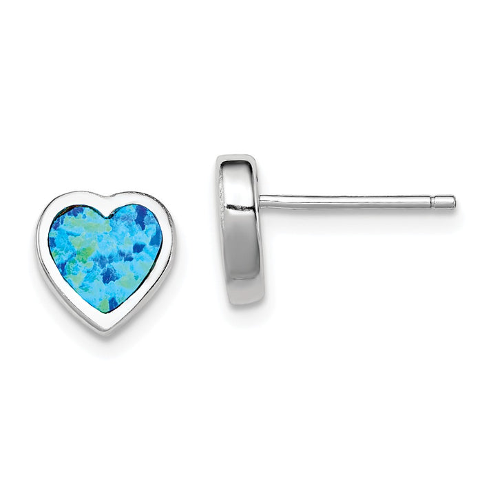 925 Sterling Silver Rhodium-plated Lab Created Opal Heart Post Earrings, 9mm x 9mm
