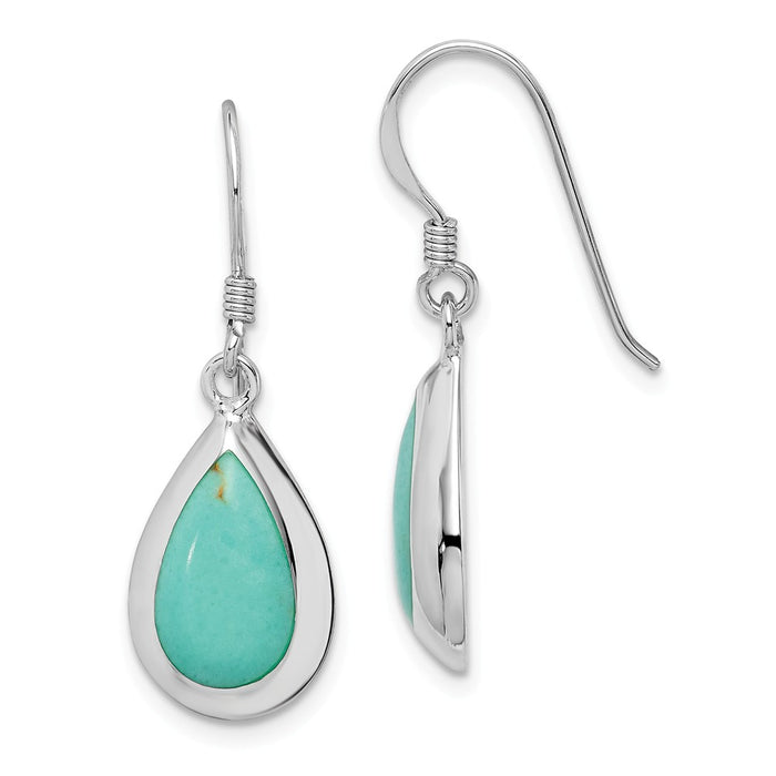 925 Sterling Silver Rhodium-plated Teardrop Synthetic Turquoise Earrings, 31mm x 10mm