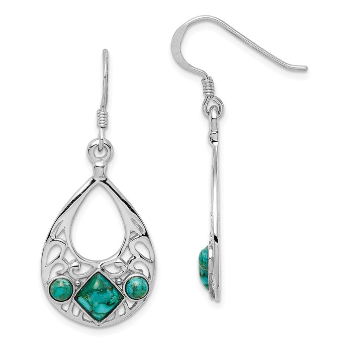 925 Sterling Silver Rhodium-plated Reconstituted Turquoise Shepherd Hook Earrings, 39mm x 17mm