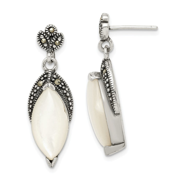 925 Sterling Silver Mother of Pearl and Marcasite Post Dangle Earrings, 30mm x 10mm