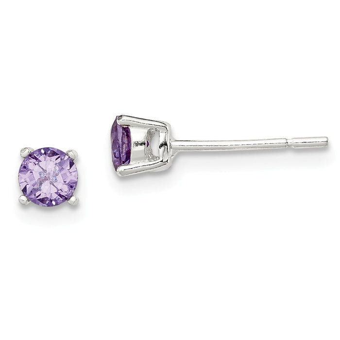 925 Sterling Silver Polished Purple Cubic Zirconia ( CZ ) Post Earrings, 4mm x 4mm