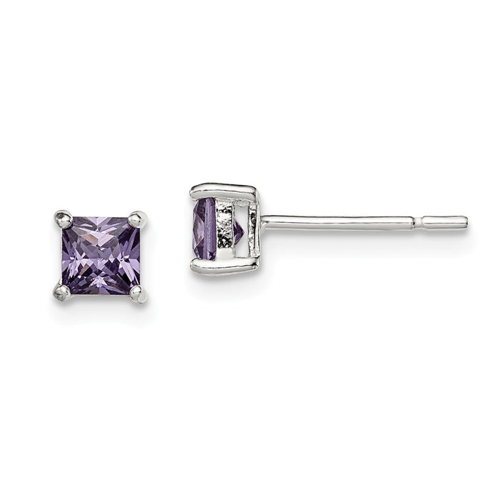 925 Sterling Silver Polished Purple Cubic Zirconia ( CZ ) Post Earrings, 4mm x 4mm