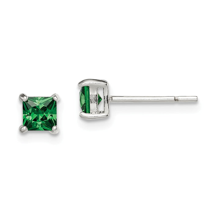 925 Sterling Silver Polished Green Glass Post Earrings, 4mm x 4mm