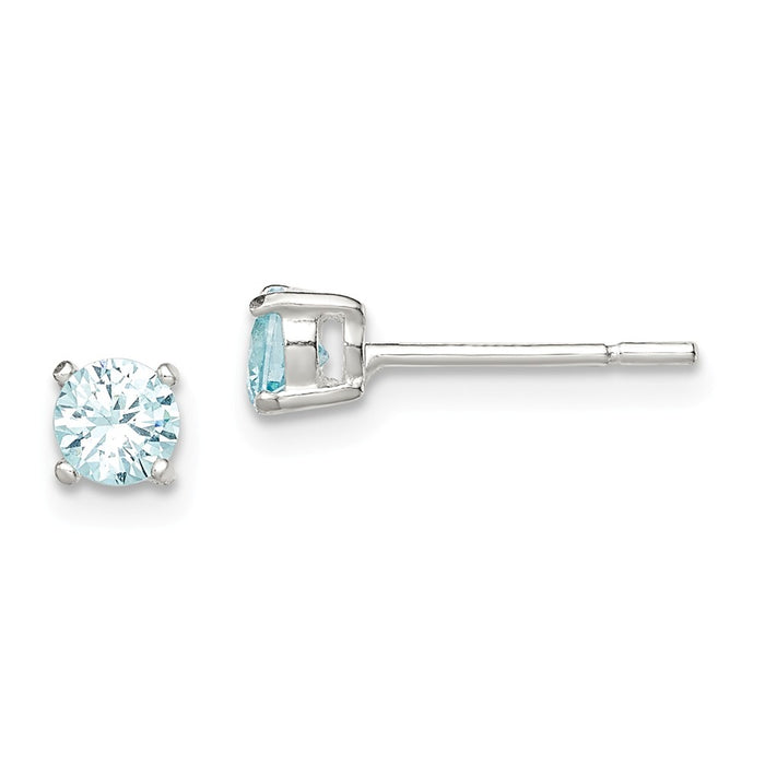 925 Sterling Silver Polished Light Blue Cubic Zirconia ( CZ ) Post Earrings, 4mm x 4mm