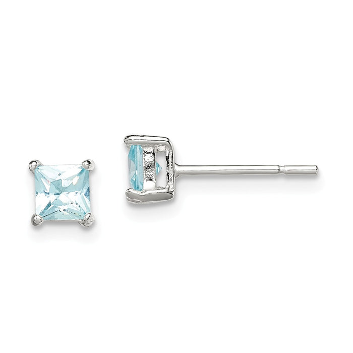 925 Sterling Silver Polished Light Blue Cubic Zirconia ( CZ ) Post Earrings, 4mm x 4mm