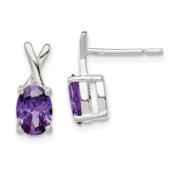 925 Sterling Silver Polished Purple Cubic Zirconia ( CZ ) Post Earrings, 13mm x 5mm