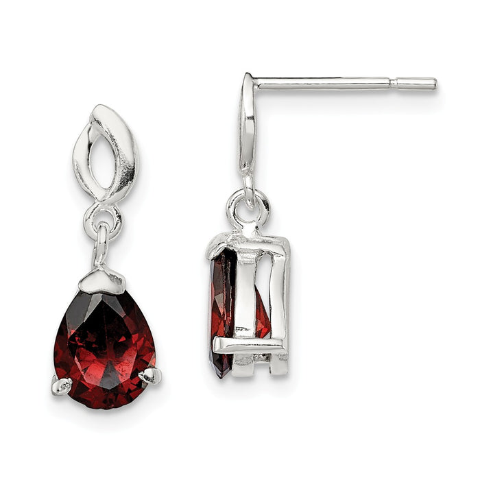 925 Sterling Silver Polished Red Glass Dangle Post Earrings, 18mm x 7mm