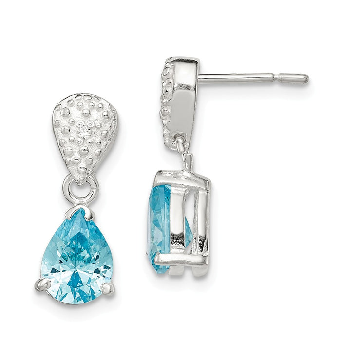 925 Sterling Silver Polished Blue & Clear Cubic Zirconia ( CZ ) Dangle Post Earrings, 18mm x 7mm