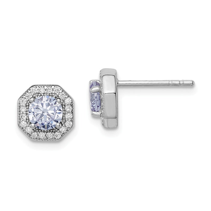 925 Sterling Silver Rhodium-plated Violet Cubic Zirconia ( CZ ) Post Earrings, 9mm x 9mm