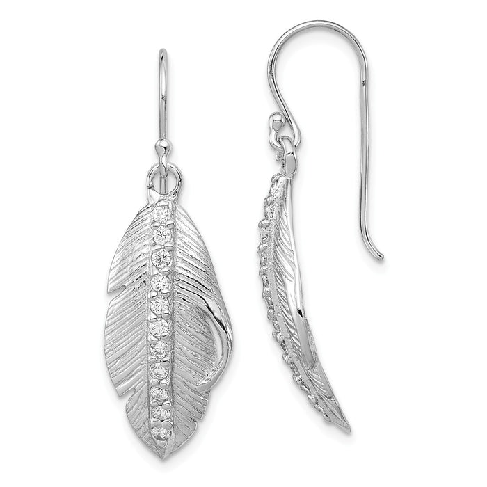 925 Sterling Silver Rhodium-plated Cubic Zirconia ( CZ ) Textured Feather Shepherd Hook Earrings, 45mm x 13mm