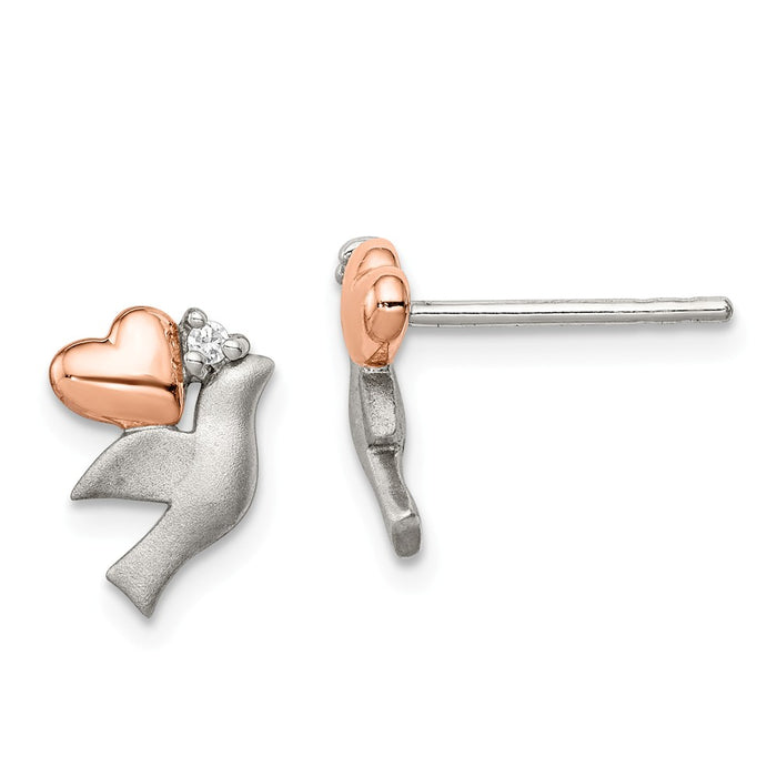925 Sterling Silver Cubic Zirconia ( CZ ) Rose Plated Heart Satin Dove Post Earrings, 11mm x 9mm