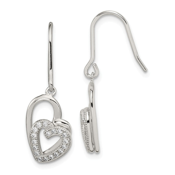 925 Sterling Silver Polished Cubic Zirconia ( CZ ) Double Heart Shepherd Hook Earrings, 31mm x 11mm