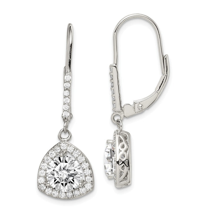925 Sterling Silver Polished with Cubic Zirconia ( CZ ) Leverback Earrings, 32mm x 12mm