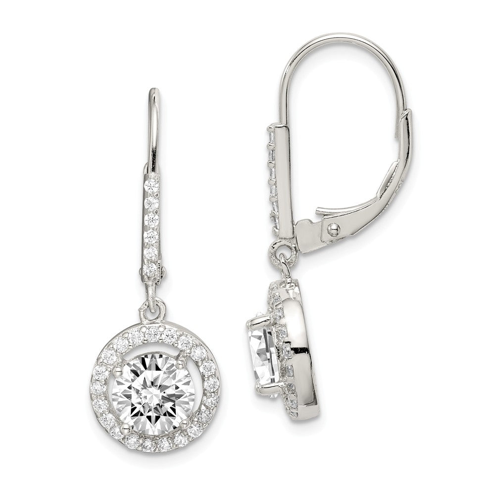 925 Sterling Silver Rhodium-plated Polished with Cubic Zirconia ( CZ ) Leverback Earrings, 33mm x 12mm