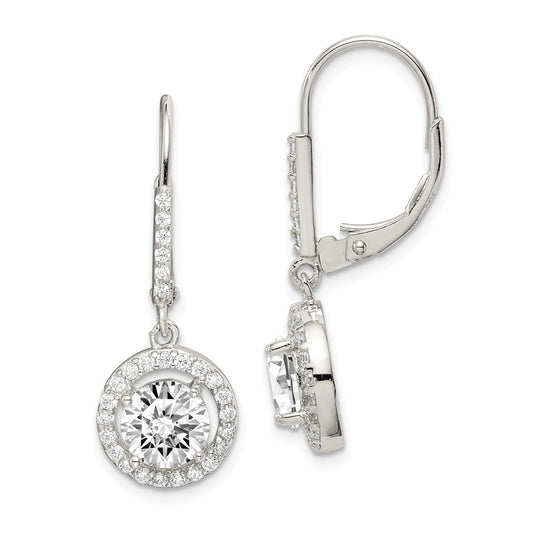 925 Sterling Silver Rhodium-plated Polished with Cubic Zirconia ( CZ ) Leverback Earrings, 33mm x 12mm