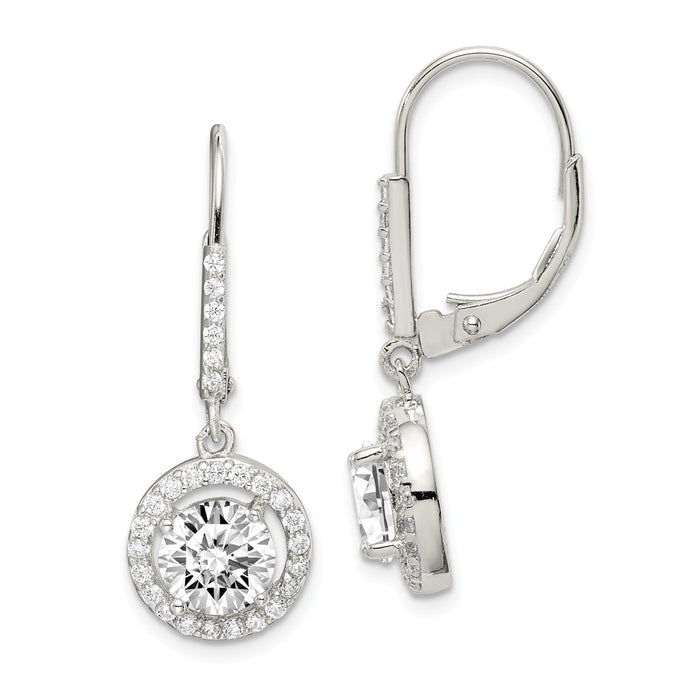 925 Sterling Silver Rhodium-plated Polished with Cubic Zirconia ( CZ ) Leverback Earrings, 33mm x 12mm