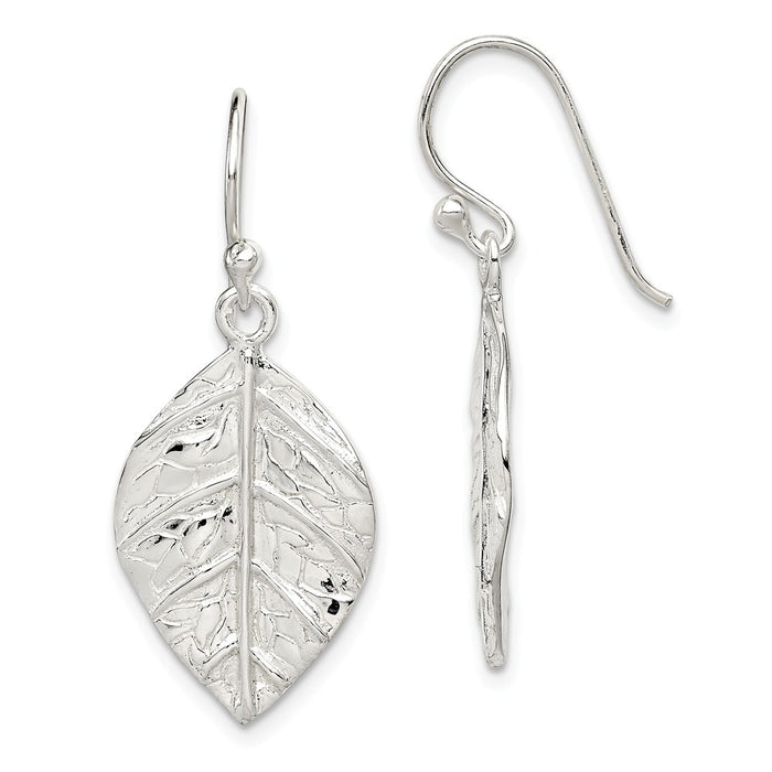 925 Sterling Silver Leaf Textured Dangle Earrings, 35mm x 14mm