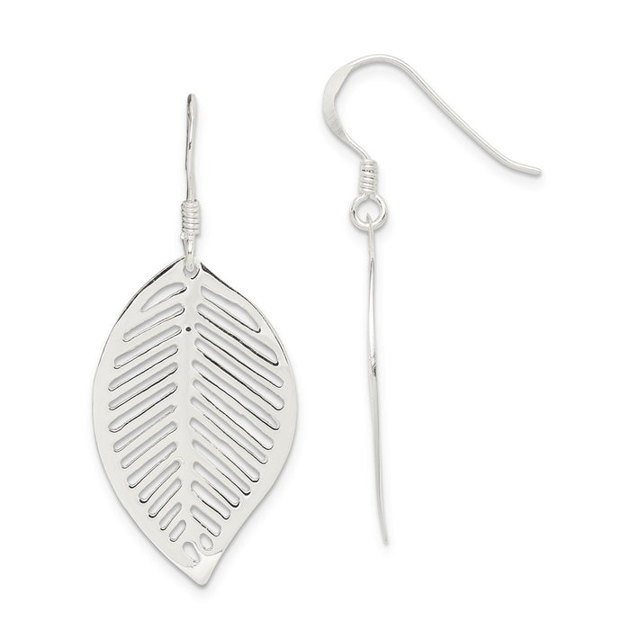 925 Sterling Silver Polished Leaf Shepherd Hook Earrings, 39mm x 18mm