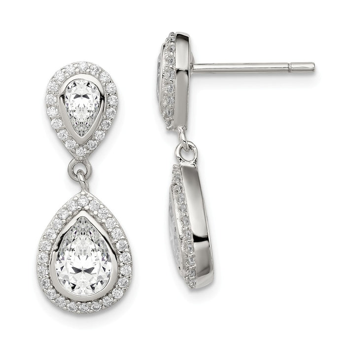 925 Sterling Silver Cubic Zirconia ( CZ ) Pear with Halo Post Dangle Earrings, 23mm x 9mm