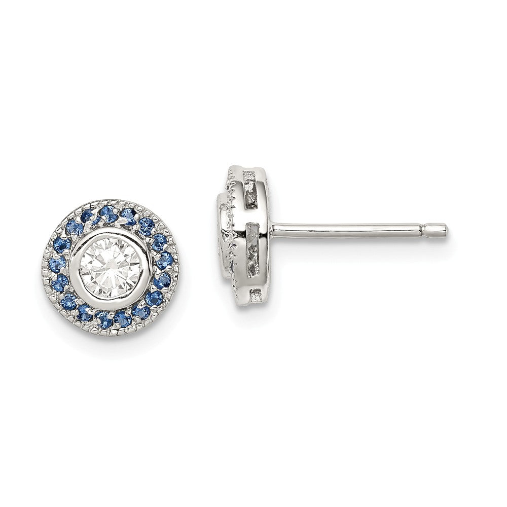 925 Sterling Silver Polished with Blue Glass and Cubic Zirconia ( CZ ) Post Earrings, 8mm x 8mm
