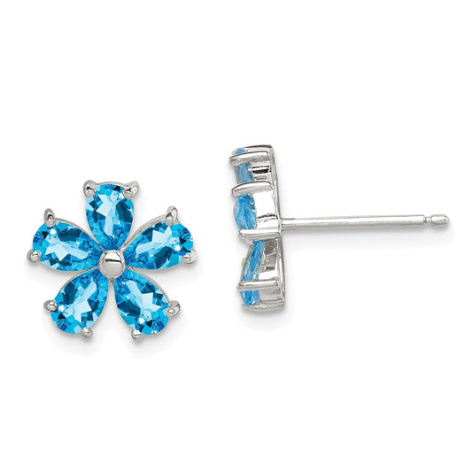 925 Sterling Silver Flower Blue Topaz Earrings, 12mm x 11mm