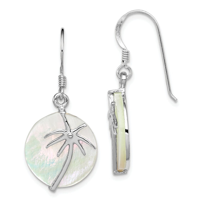 925 Sterling Silver Rhodium-plated Polished MOP Palm Tree Round Earrings, 35mm x 20mm
