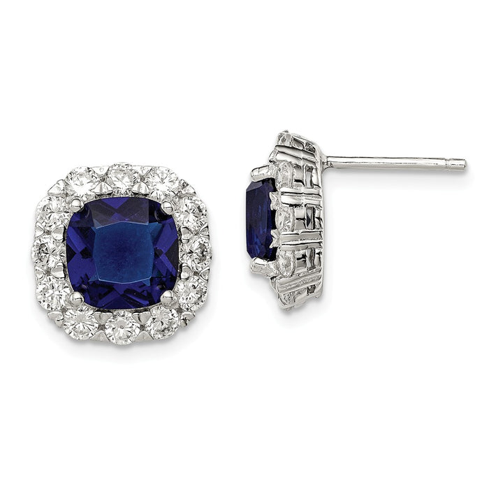 925 Sterling Silver Rhodium-plated Blue Glass and Cubic Zirconia ( CZ ) Post Earrings, 13mm x 13mm