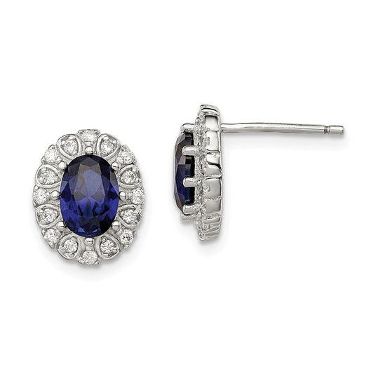 925 Sterling Silver Cubic Zirconia ( CZ ) and Synthetic Sapphire Oval Post Earrings, 12mm x 11mm