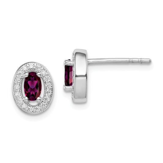 925 Sterling Silver Rhodium Polished January Red & White Cubic Zirconia ( CZ ) Oval Post Earrings, 9mm x 8mm