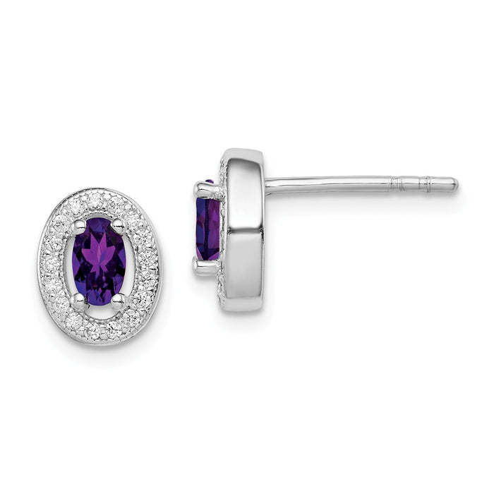 925 Sterling Silver Rhodium-plated with Purple & White Cubic Zirconia ( CZ ) Oval Stud Earrings, 9mm x 8mm
